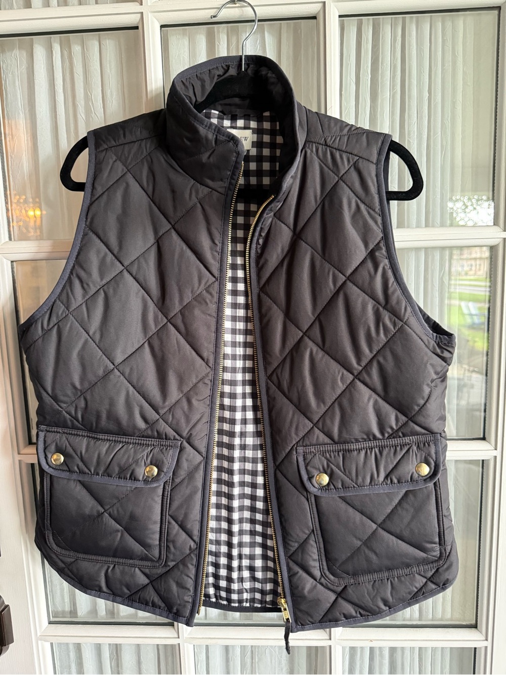 J.Crew Women's Medium Black Quilted Puffer Vest Gingham Lining
